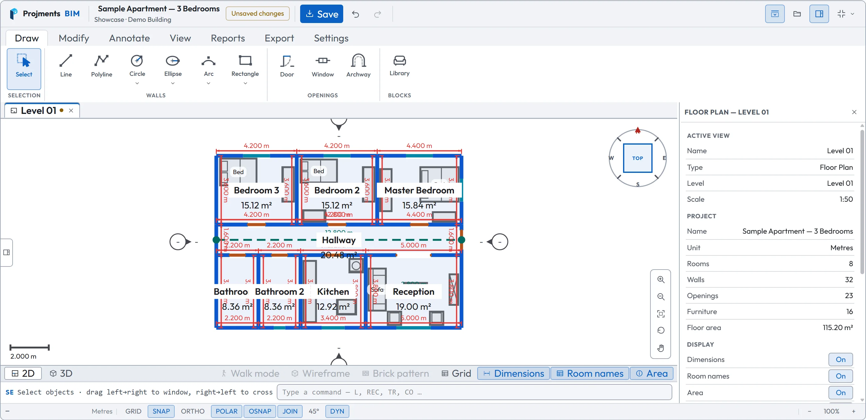 Projments BIM: the floor plan of a scanned 3-bedroom apartment, with the ribbon, command line and project panel