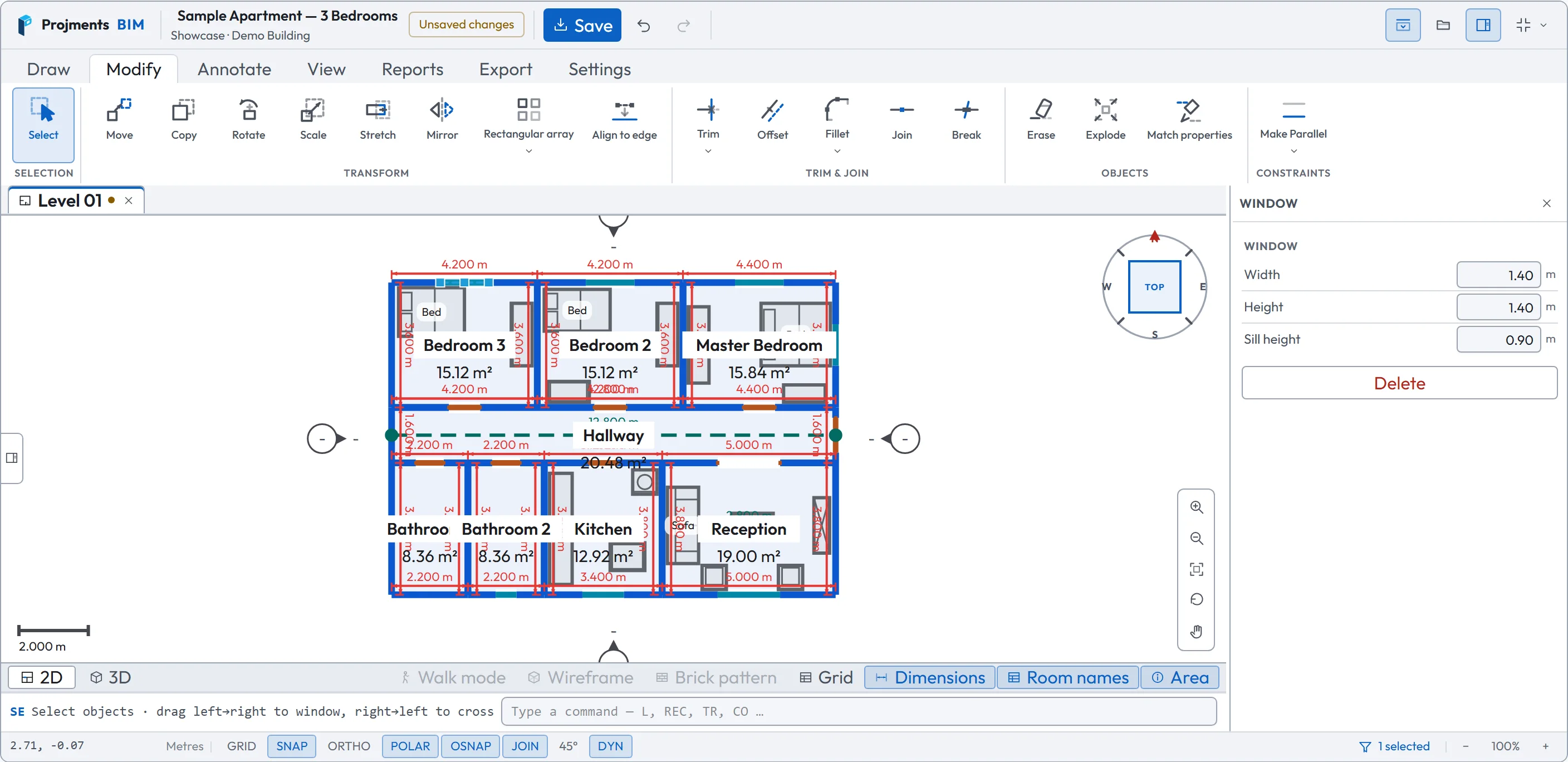 Projments BIM: the Modify tab, with a window selected on the plan and its width, height and sill in the properties panel