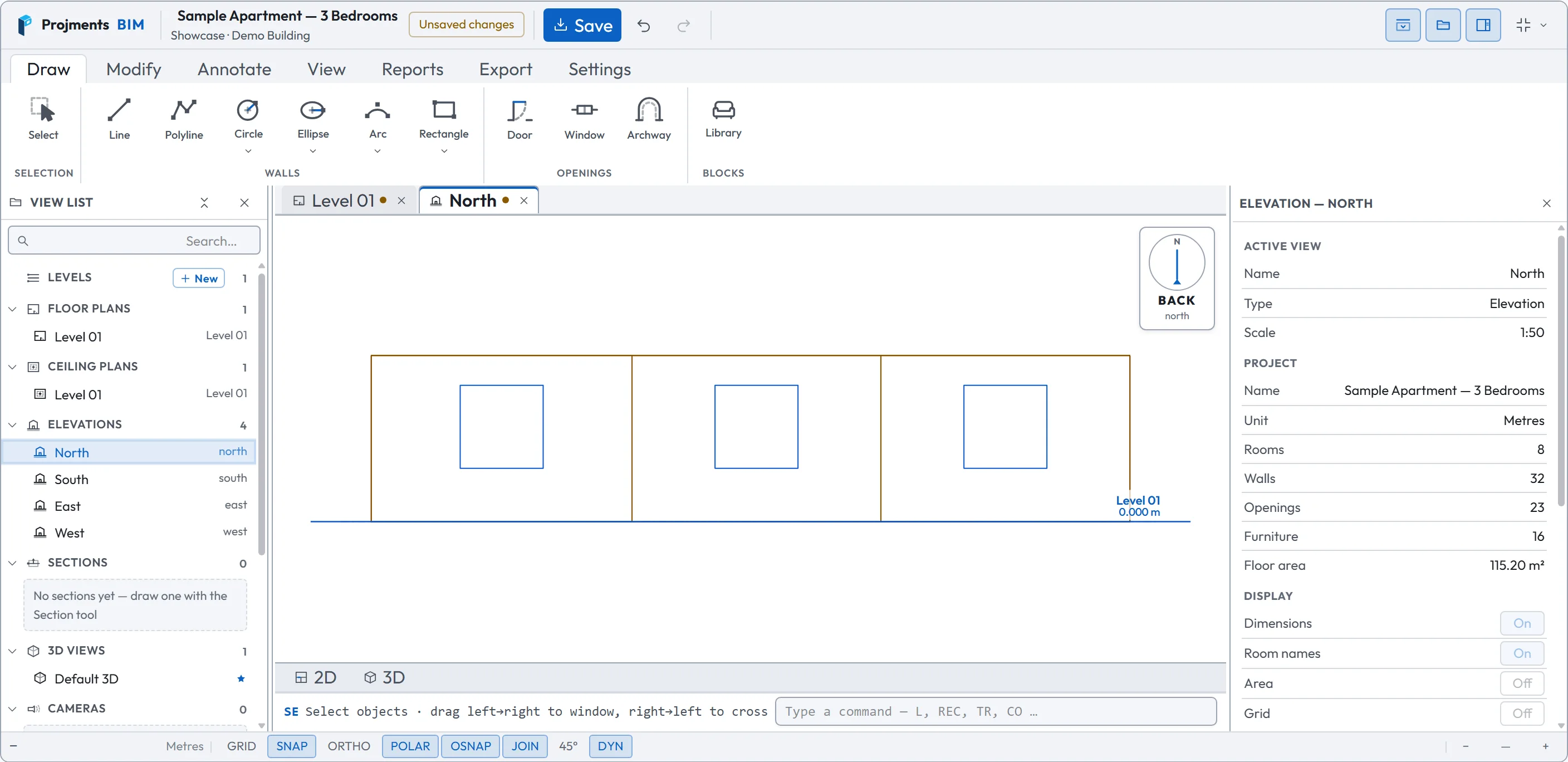 Projments BIM: the View List with levels, plans, elevations and sections, and the North elevation open