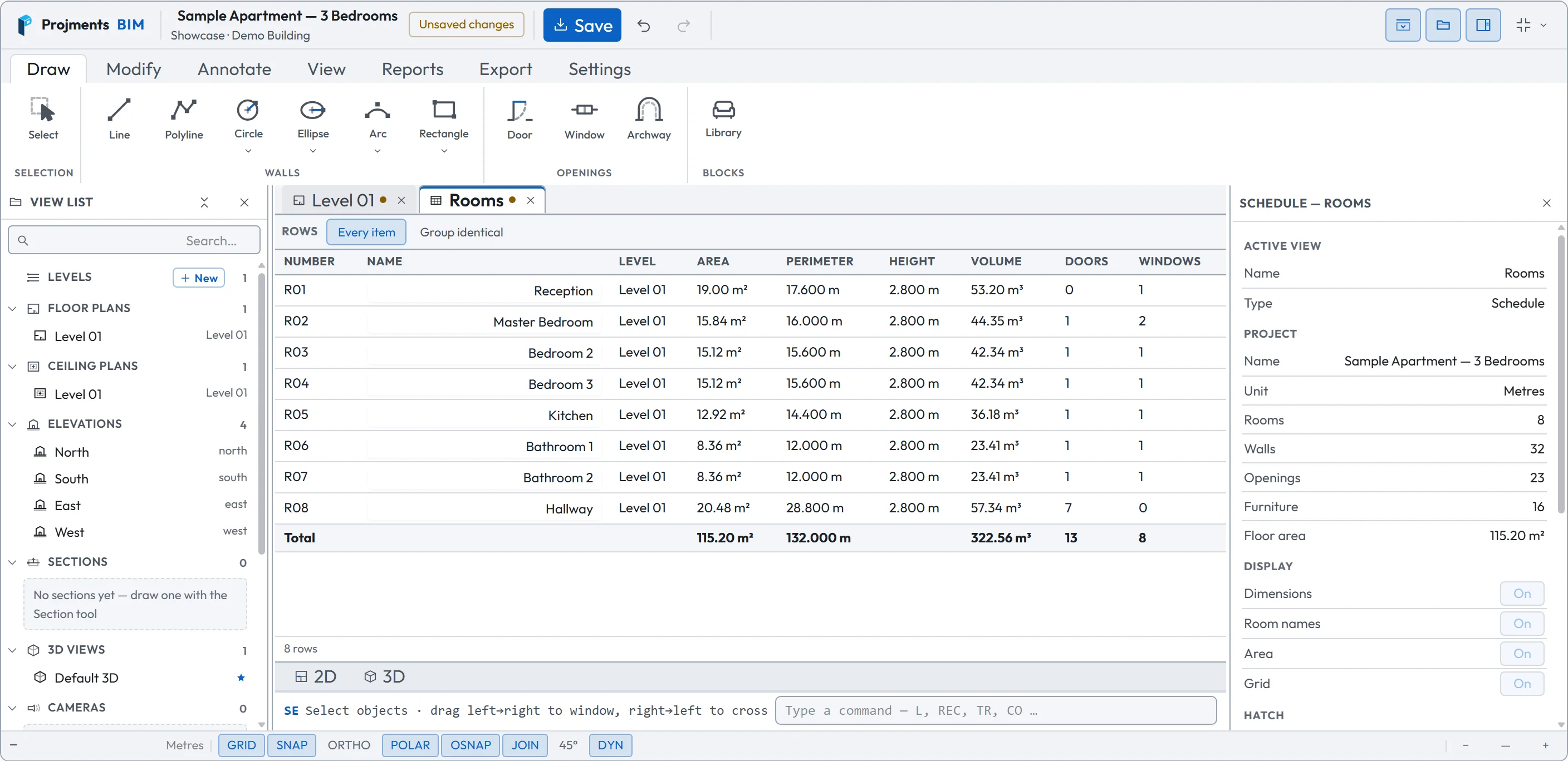 Projments BIM: the Rooms schedule with area, perimeter, height, volume, doors and windows per room