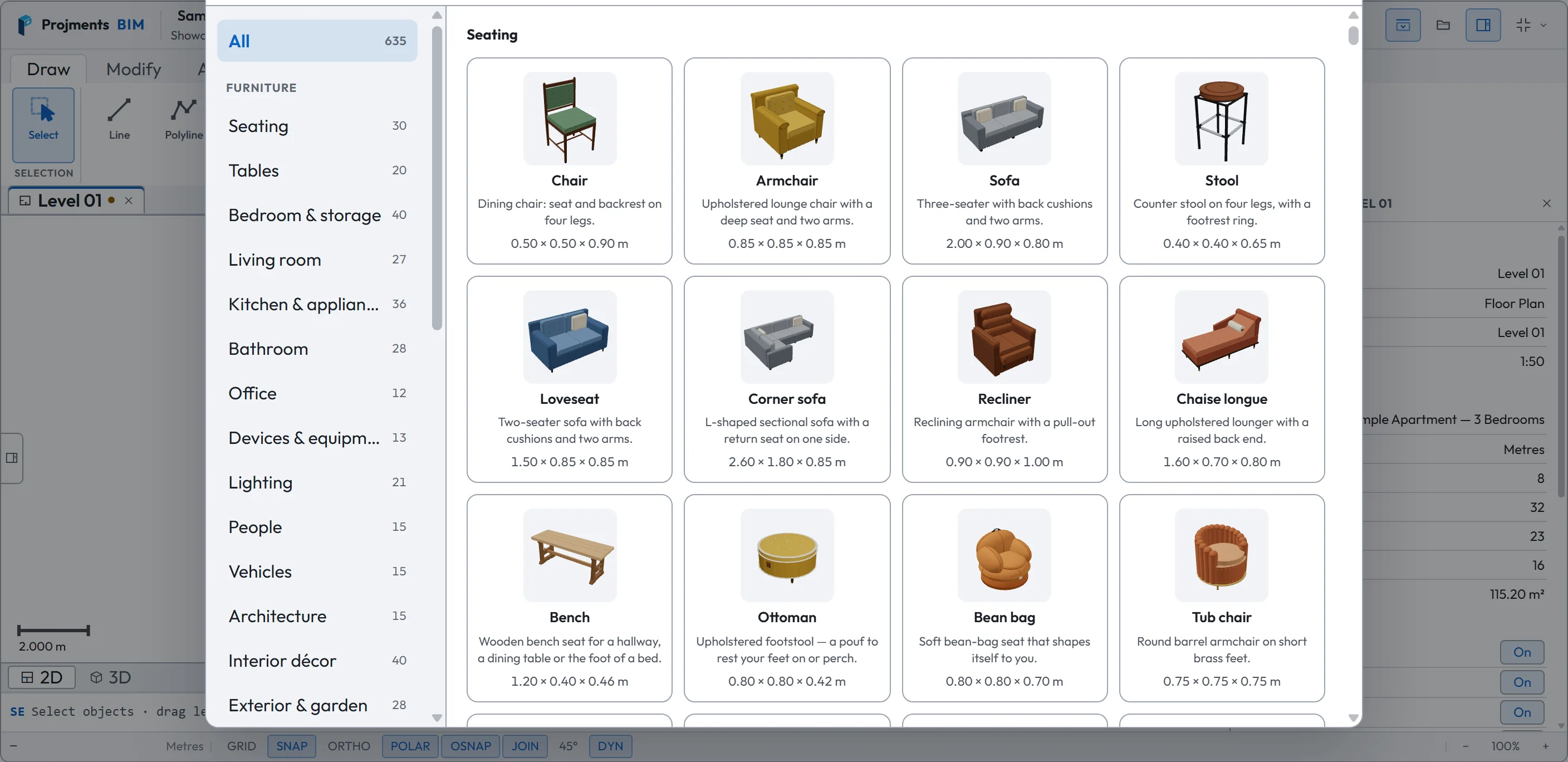 Projments BIM: the furniture library with 635 pieces in categories, each with its size