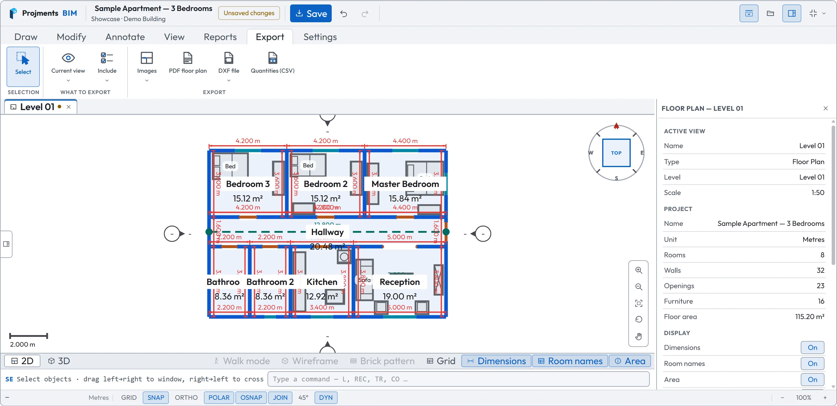 Projments BIM: the Export tab with images, PDF floor plan, DXF file and CSV quantities