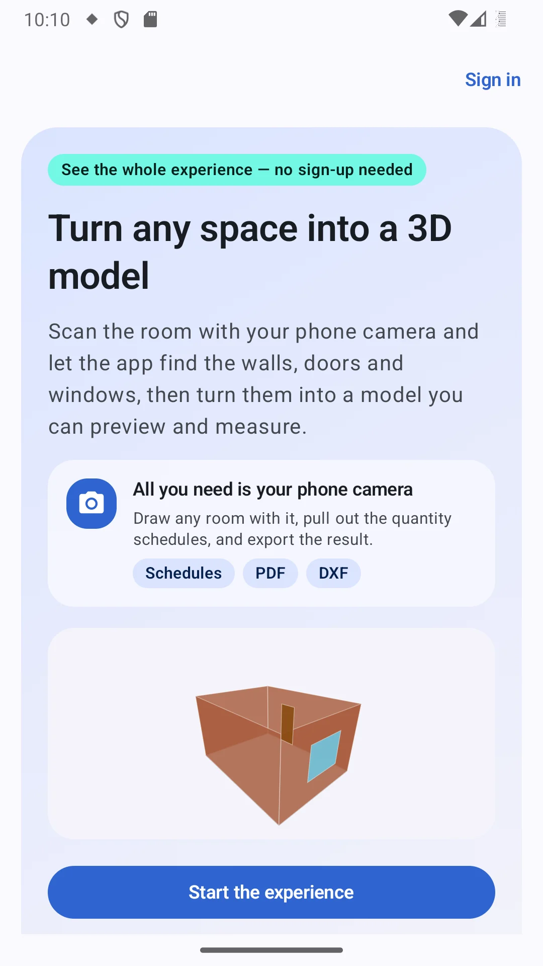 3D Room Scanner Android app: the opening screen, "Turn any space into a 3D model"