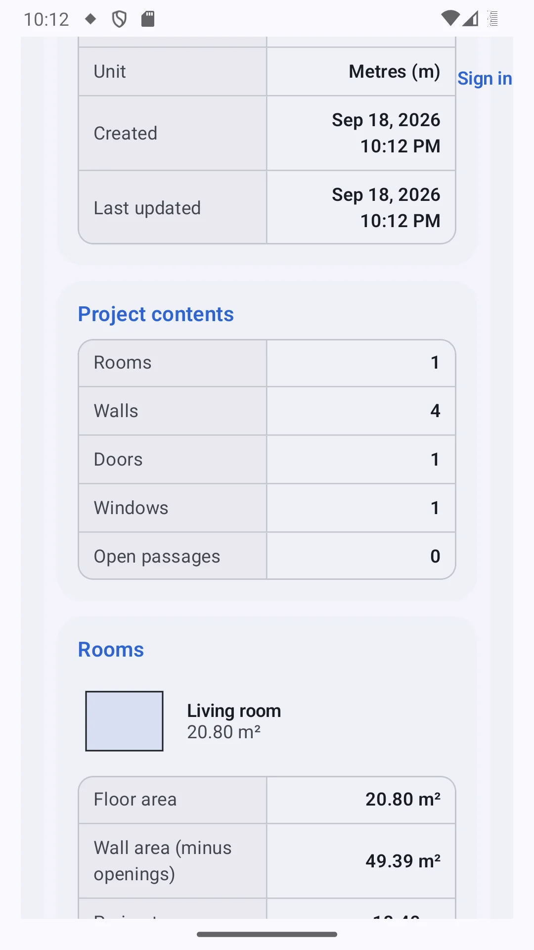 3D Room Scanner Android app: quantity schedules with rooms, walls, doors, windows and areas