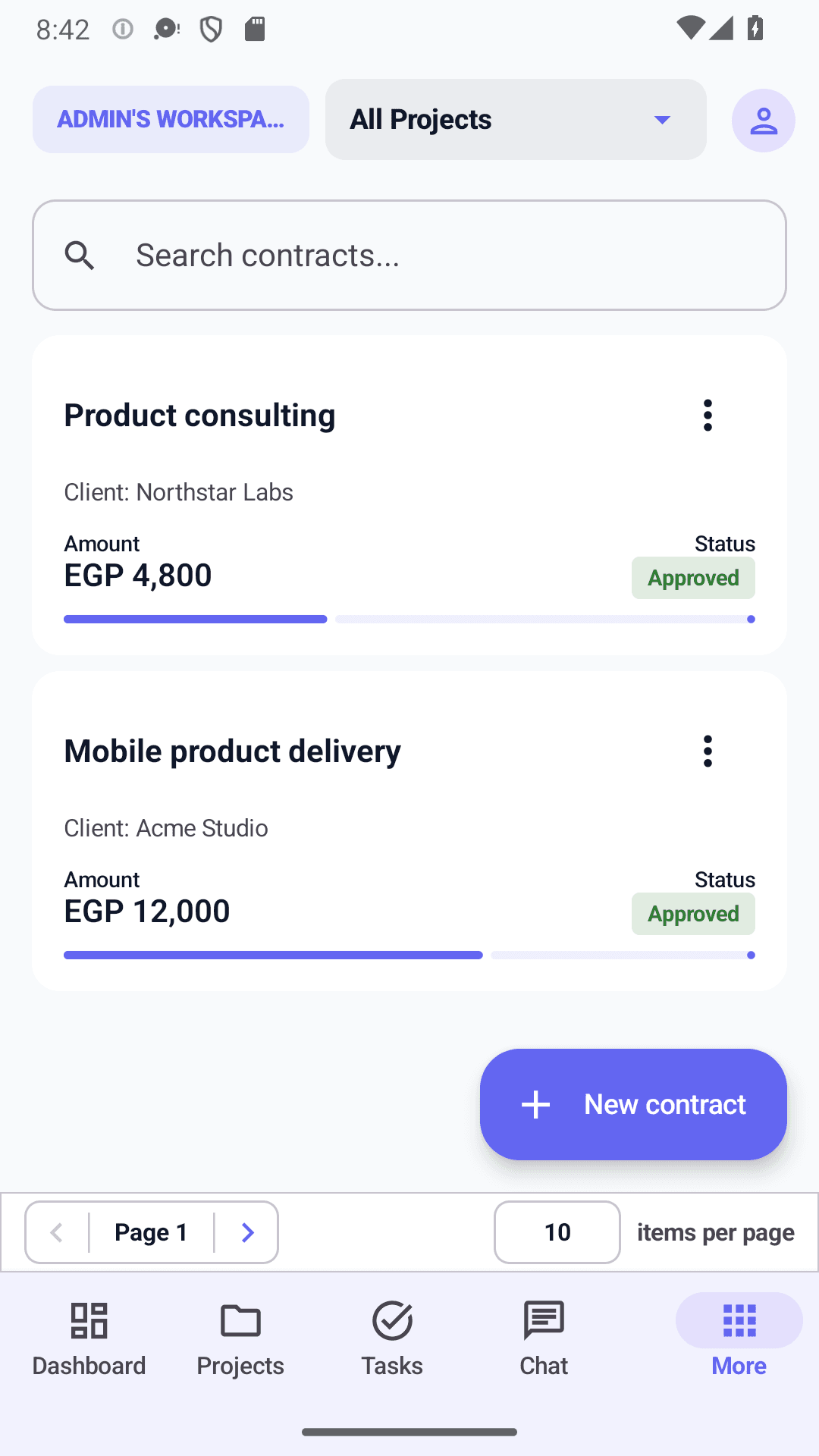 Projments Android app: contracts list