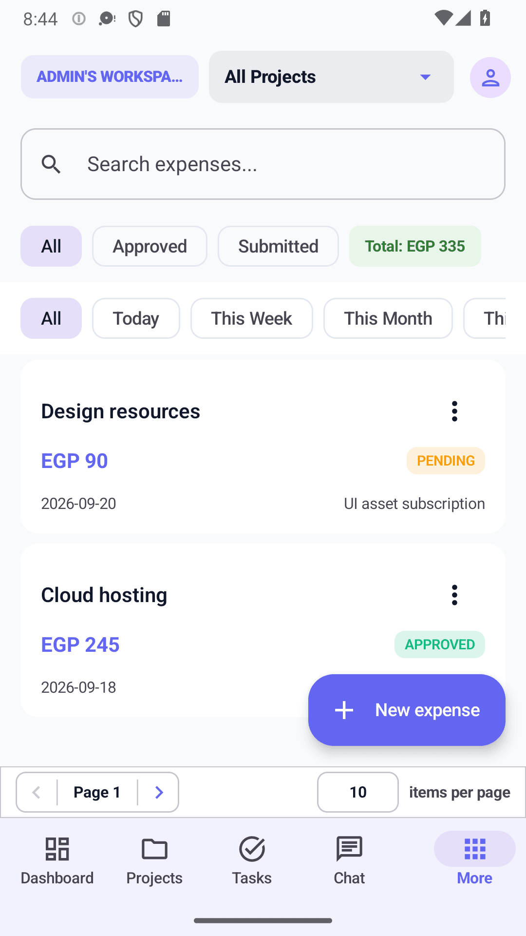 Projments Android app: expenses with a running total