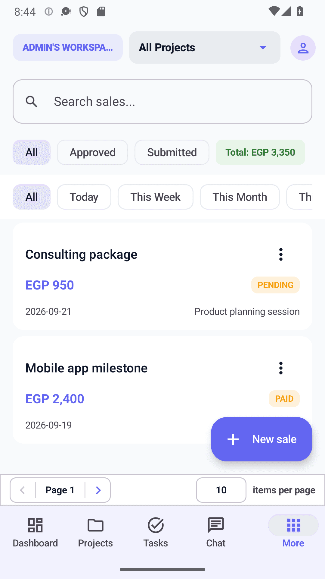 Projments Android app: sales with a running total