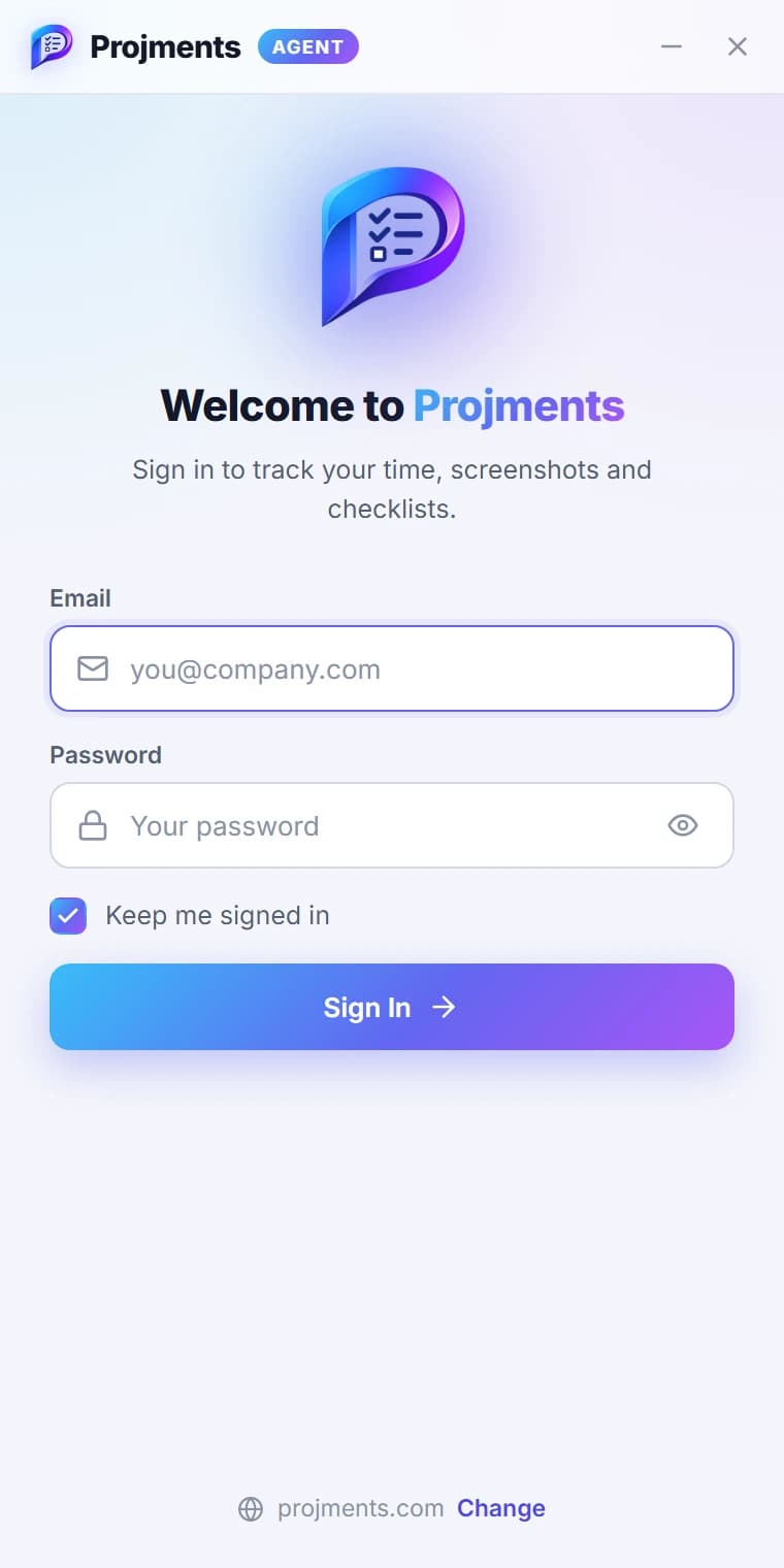 Projments Agent sign-in screen