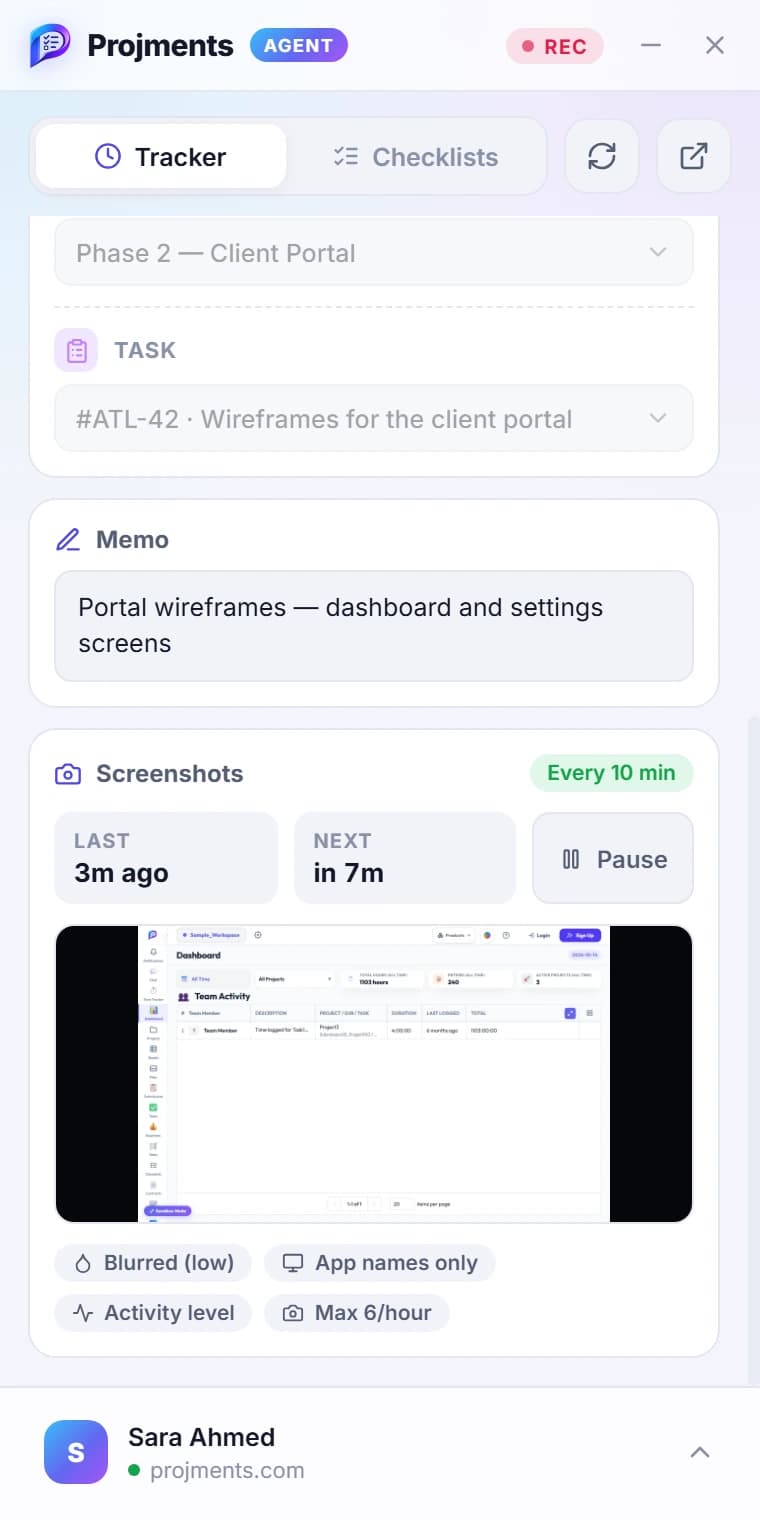 Projments Agent screenshots panel with the latest capture