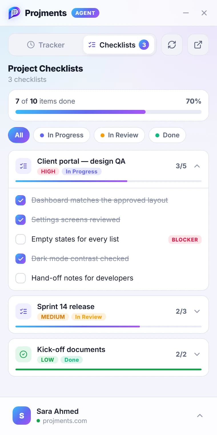 Projments Agent checklists tab