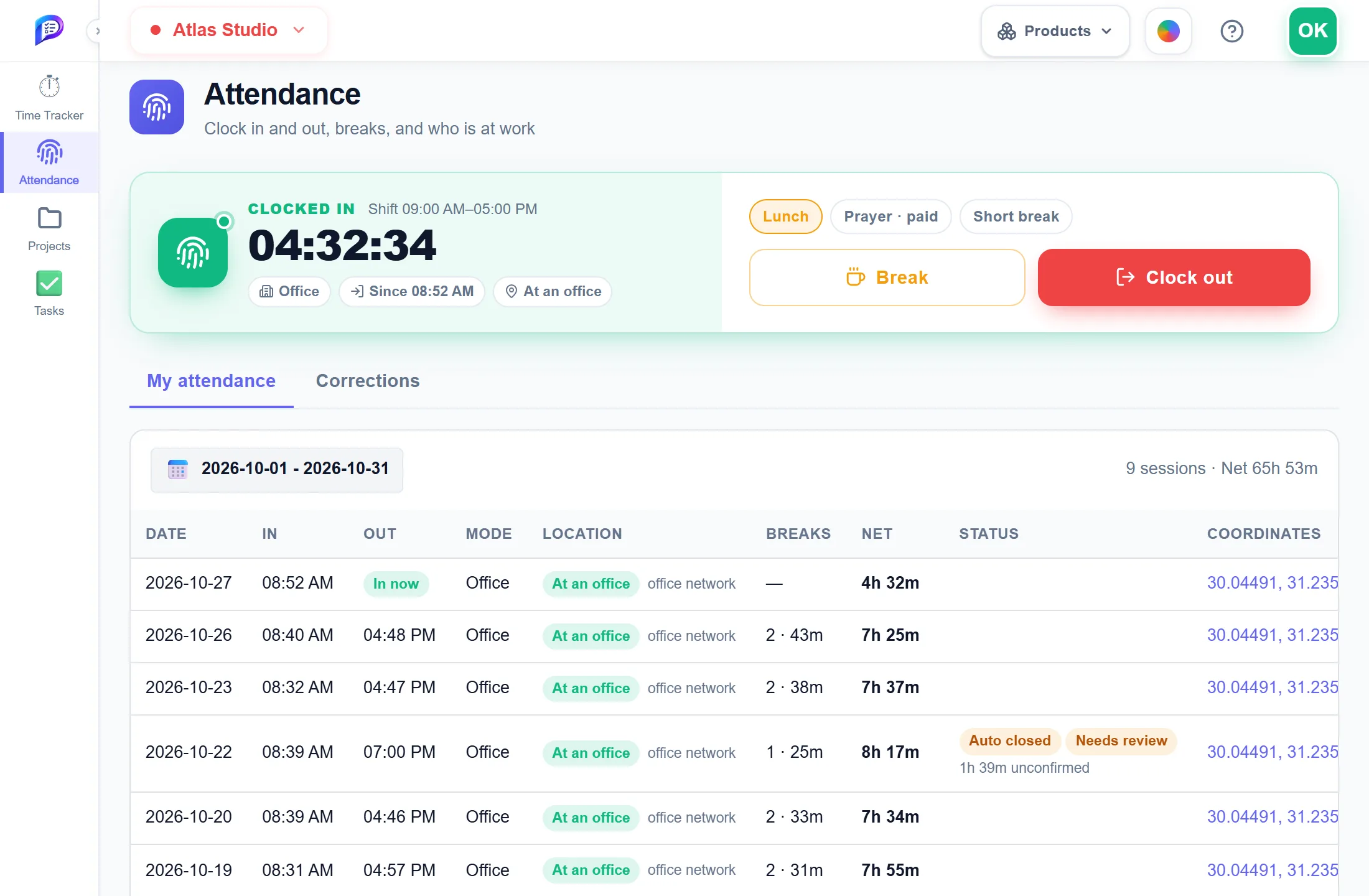 The Attendance page with the clock card