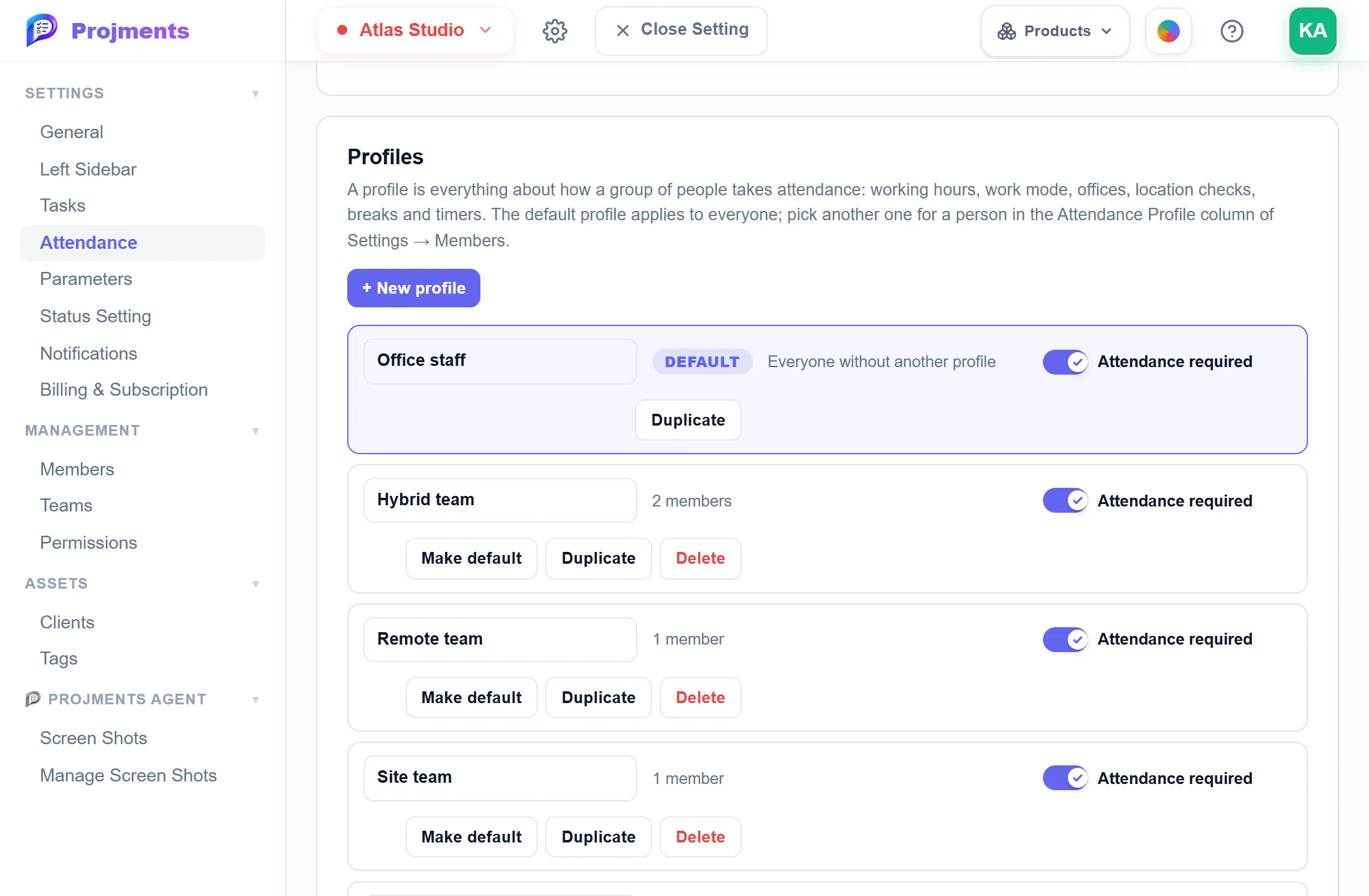 Attendance profiles in Settings