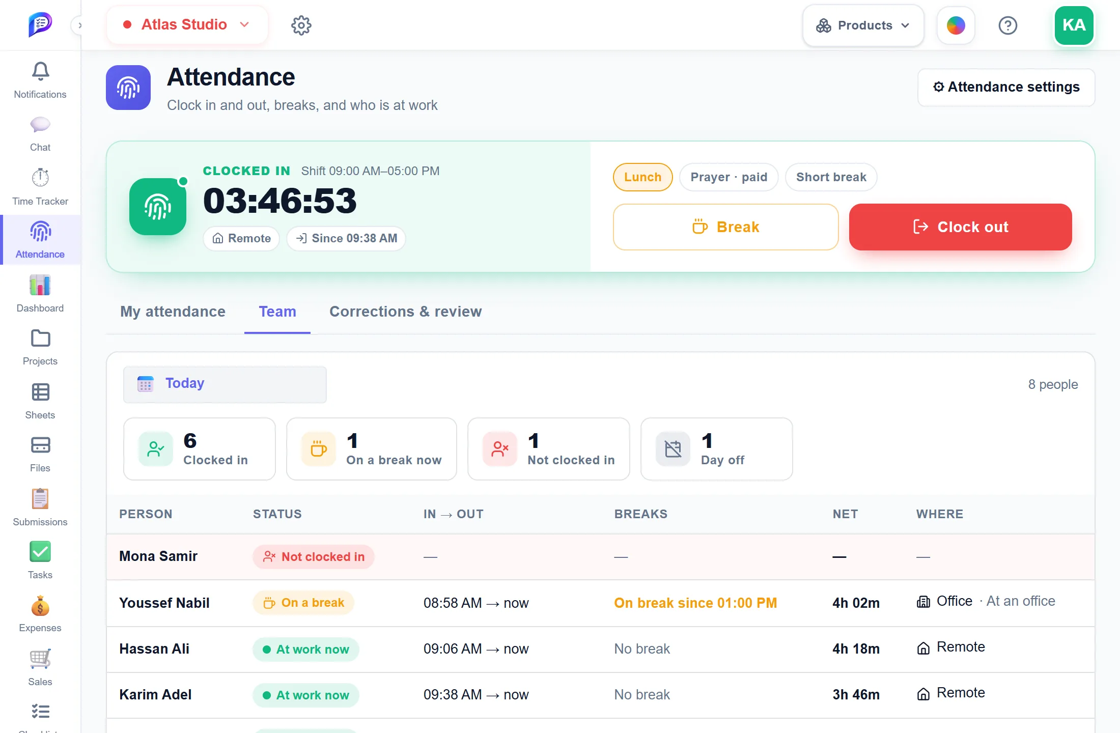 The Team tab of the Attendance page