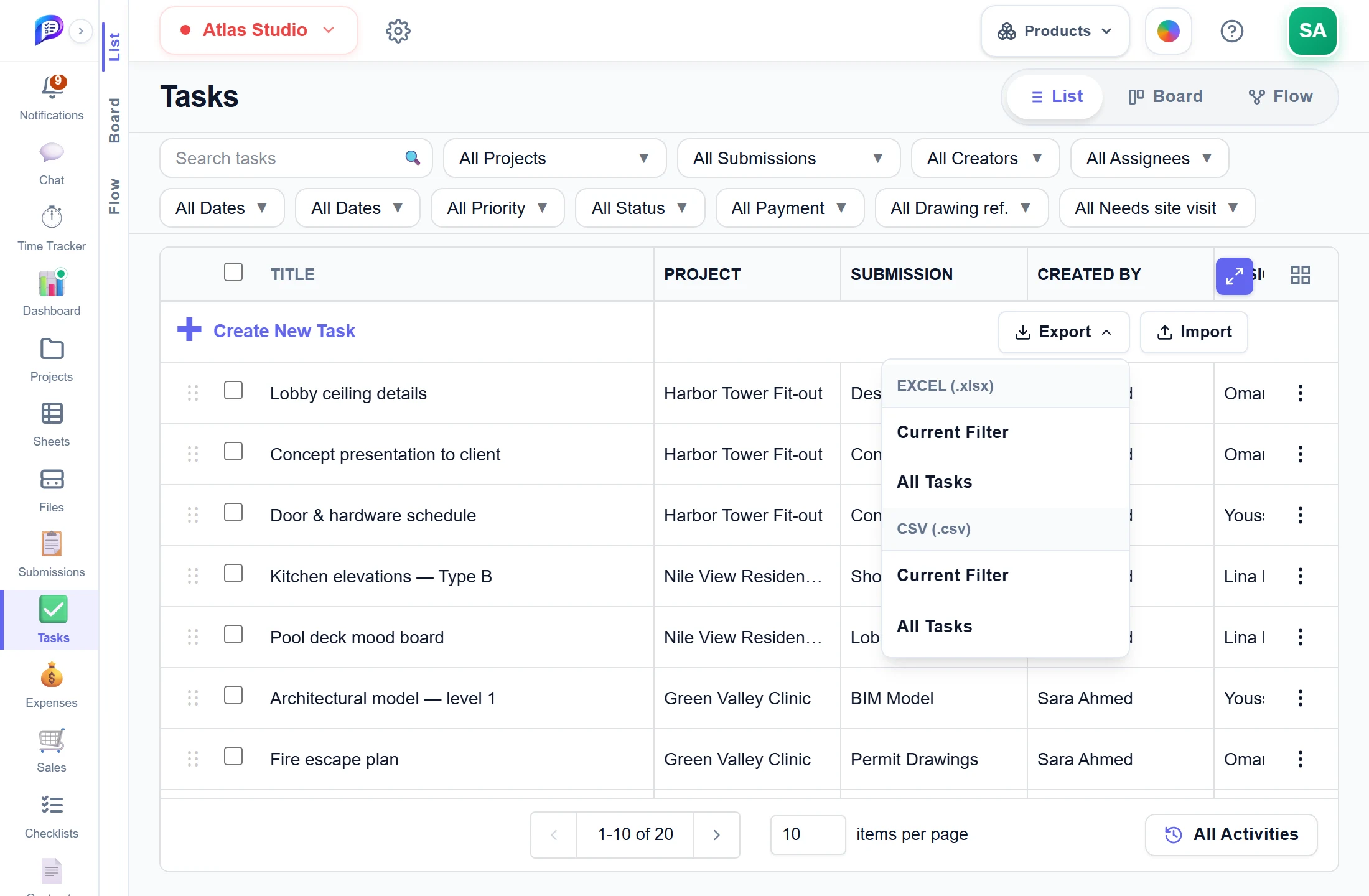 Exporting tasks