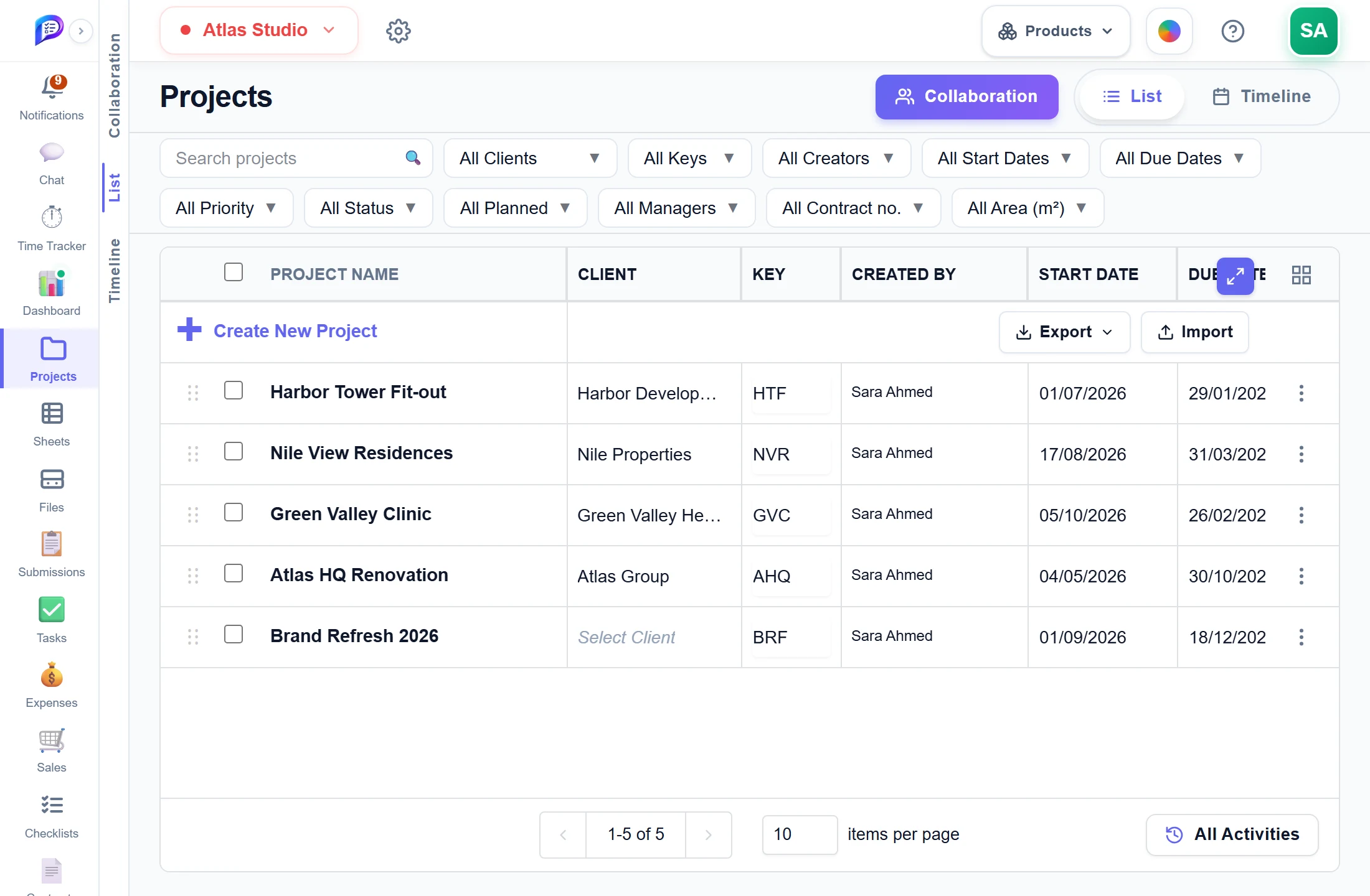 The projects list
