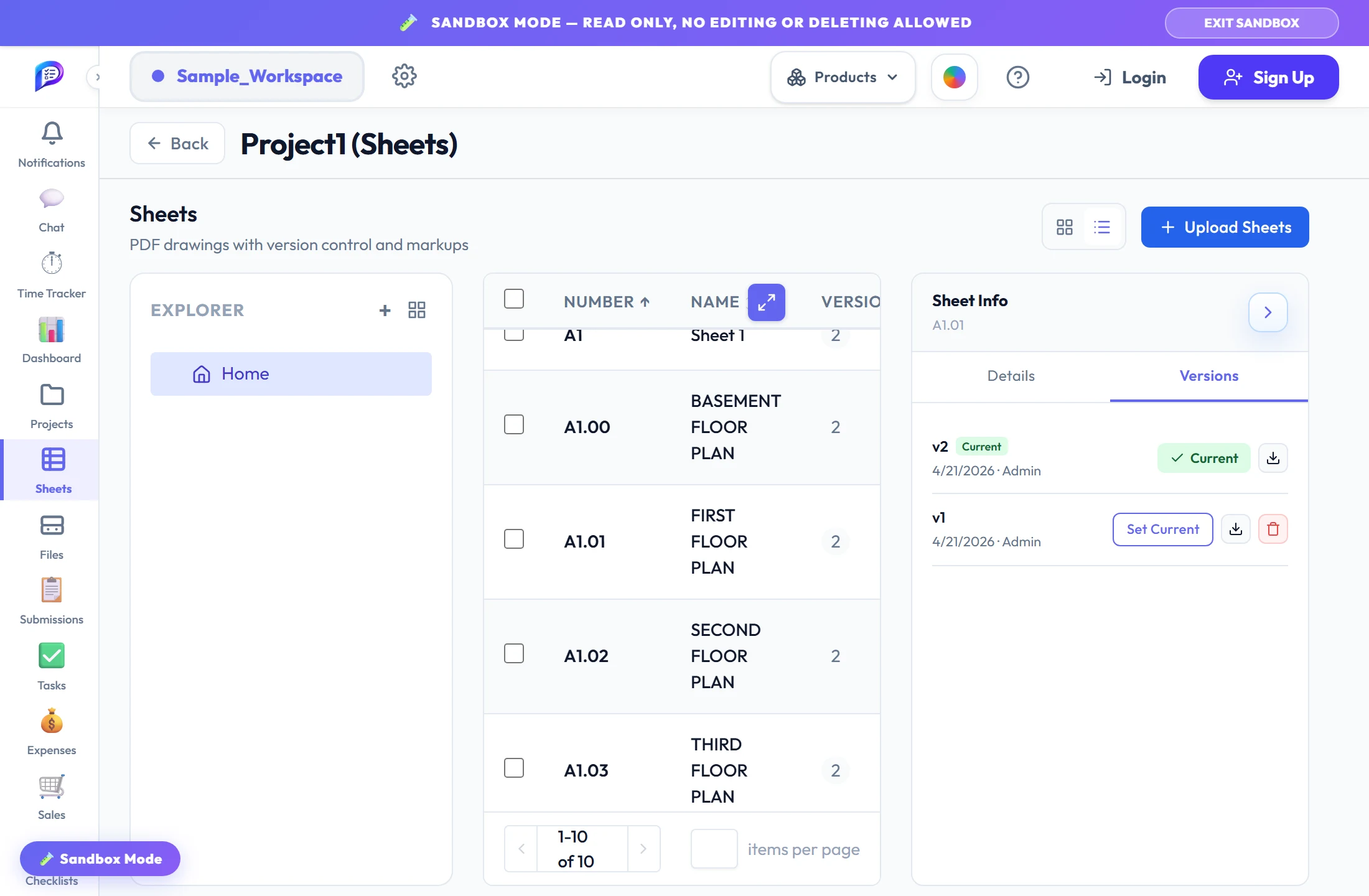 A project’s sheets with the Versions panel