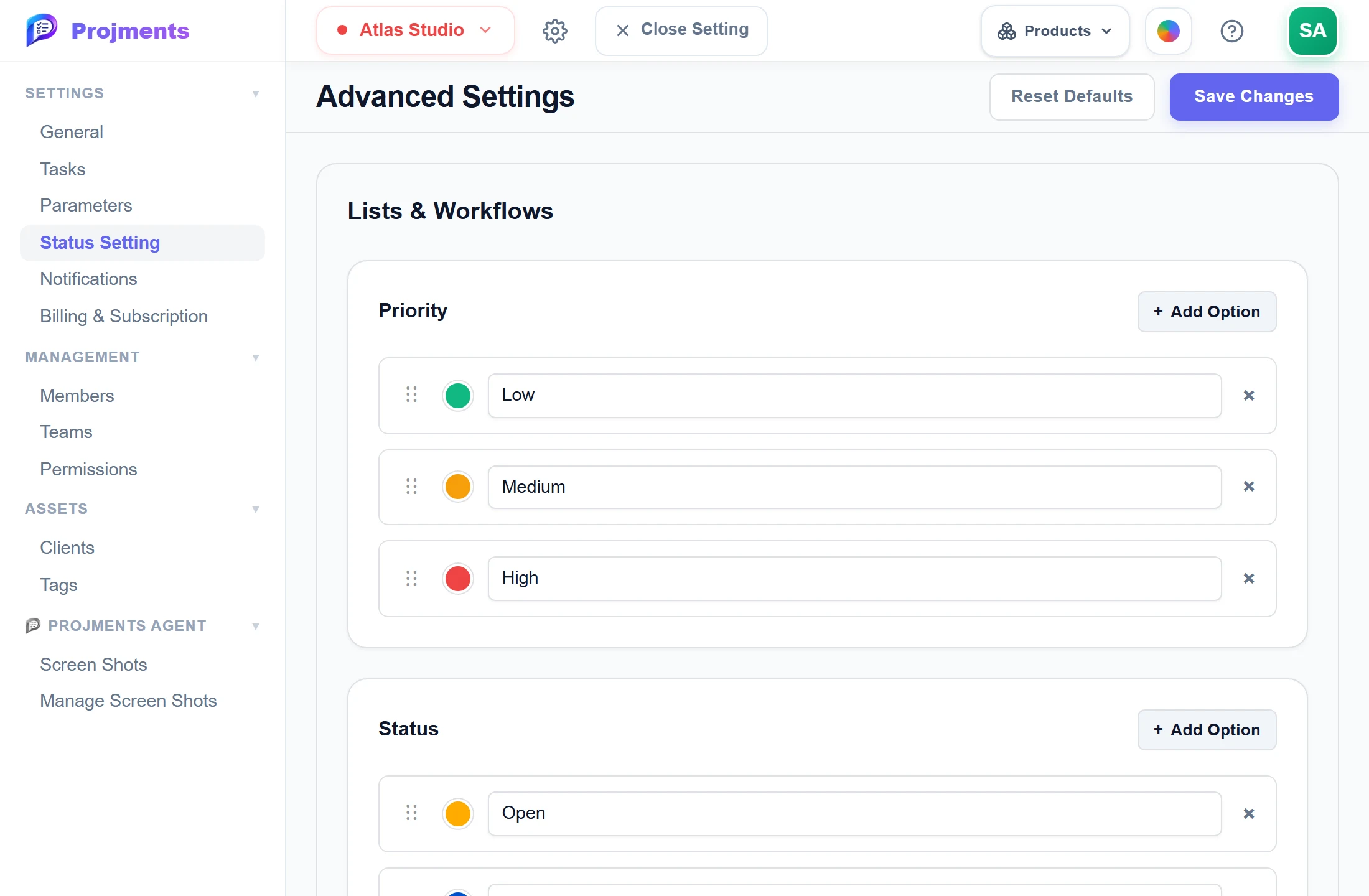 Status settings