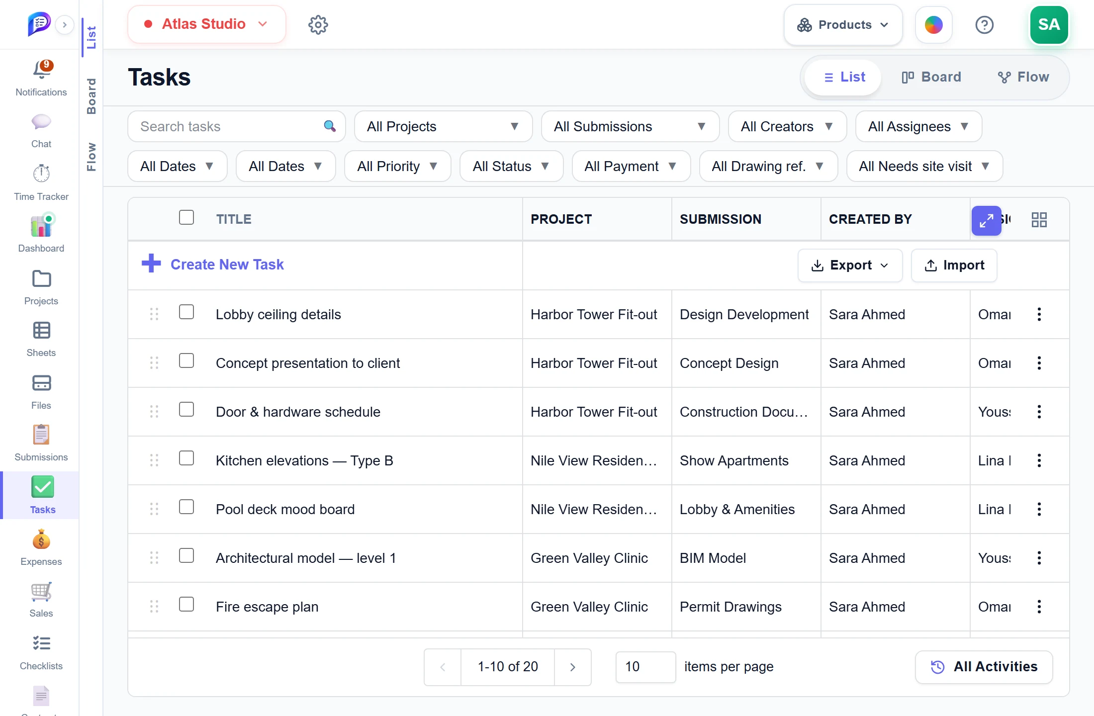 The tasks list