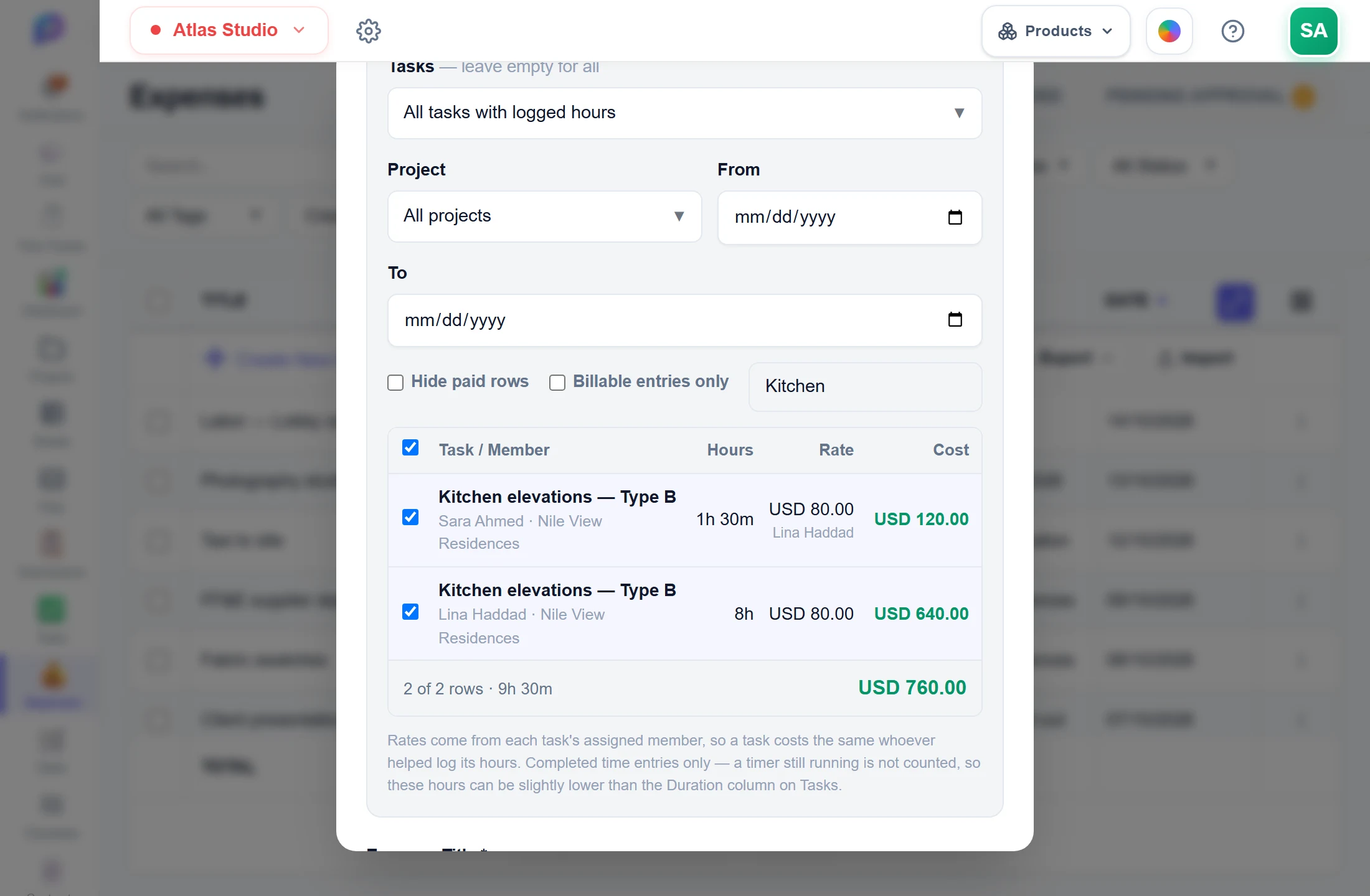 Paying for the hours logged on a task