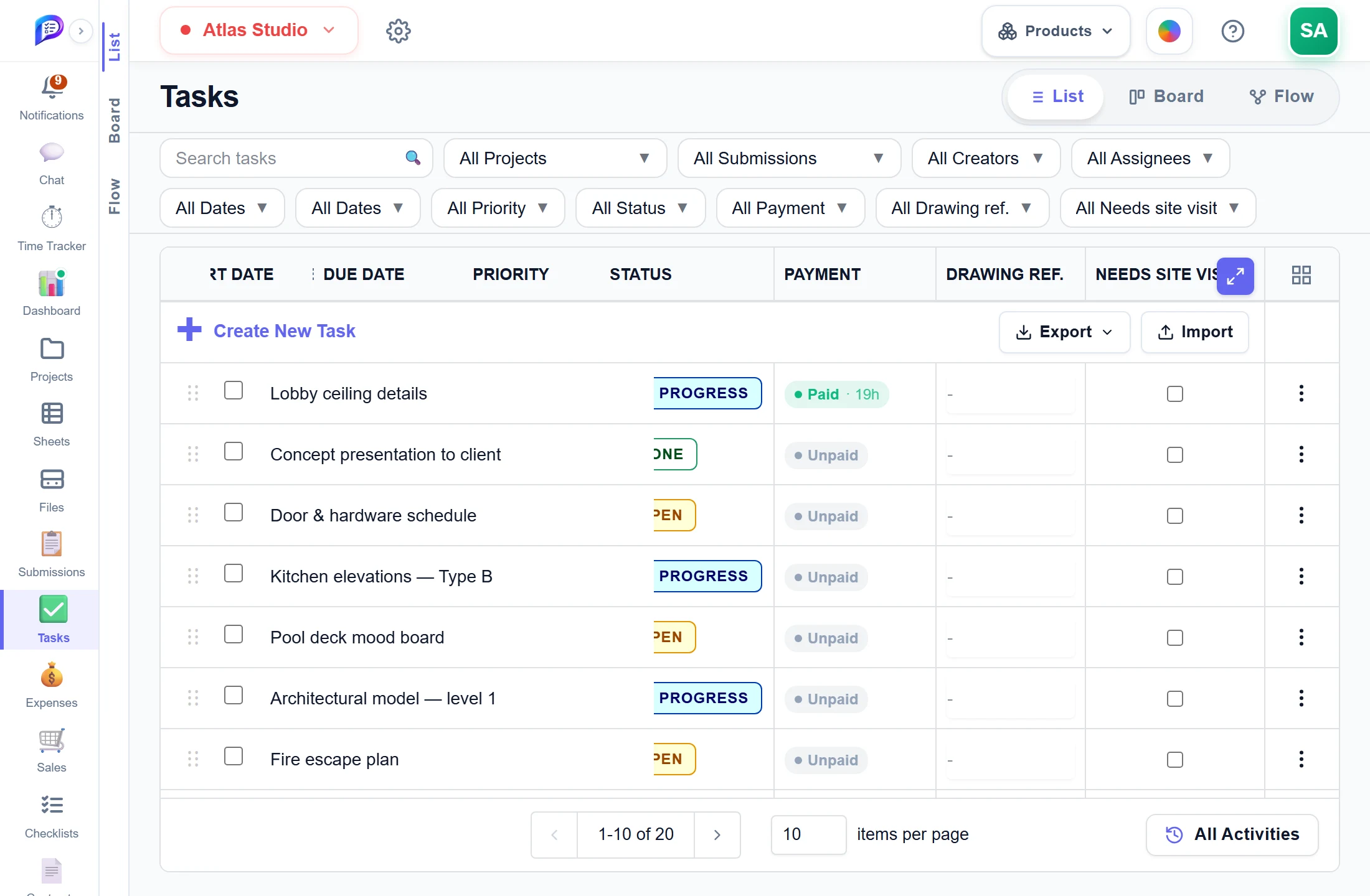The Payment column on the tasks list