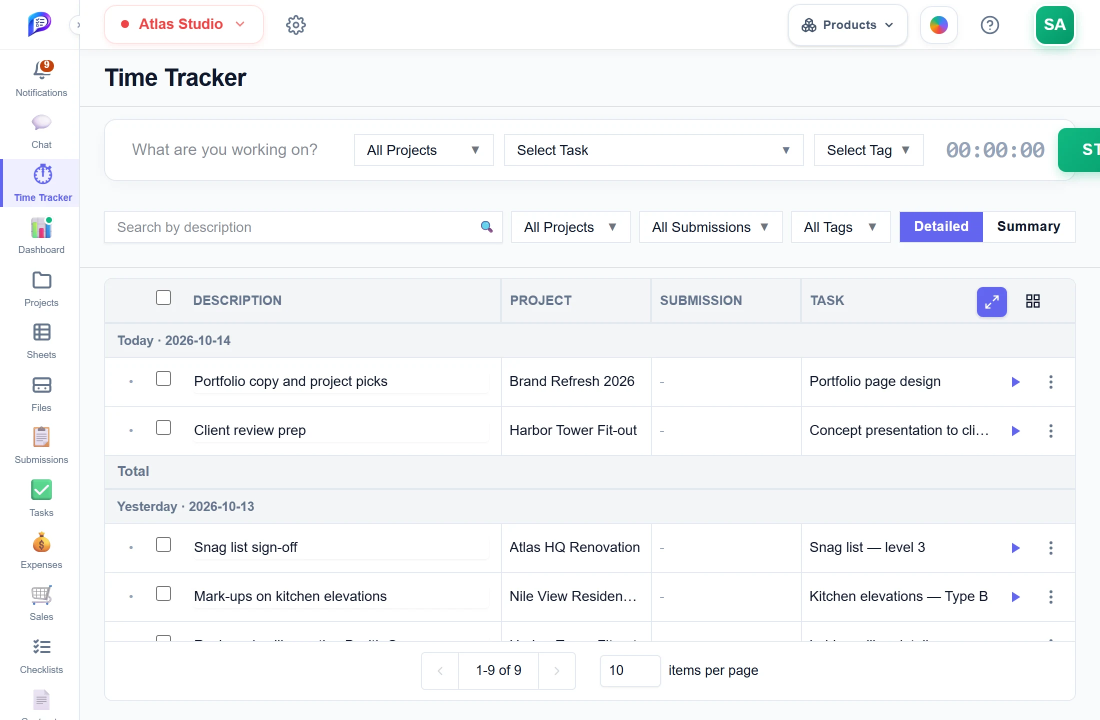 Time tracker, detailed view