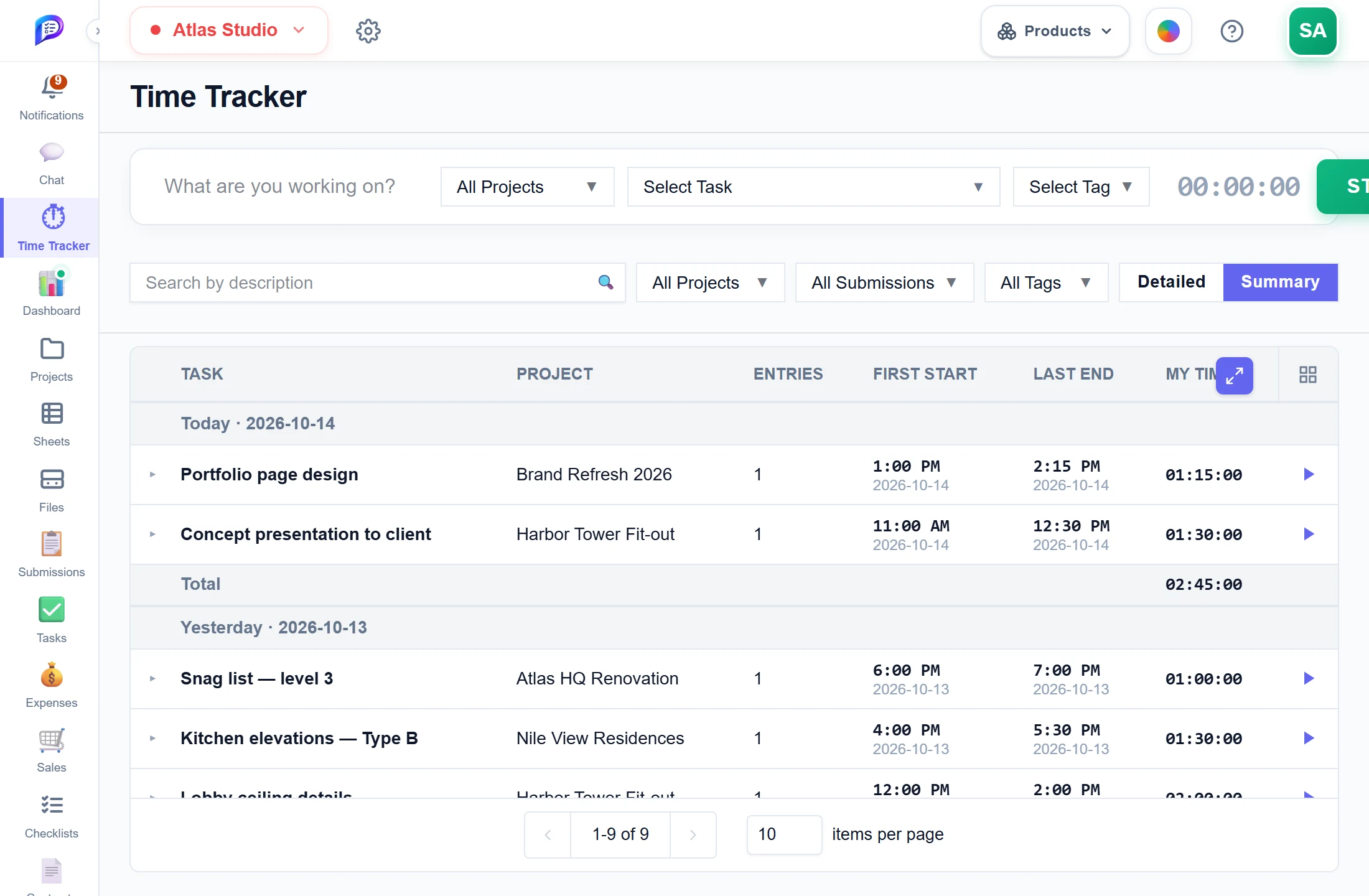 Time tracker, summary view